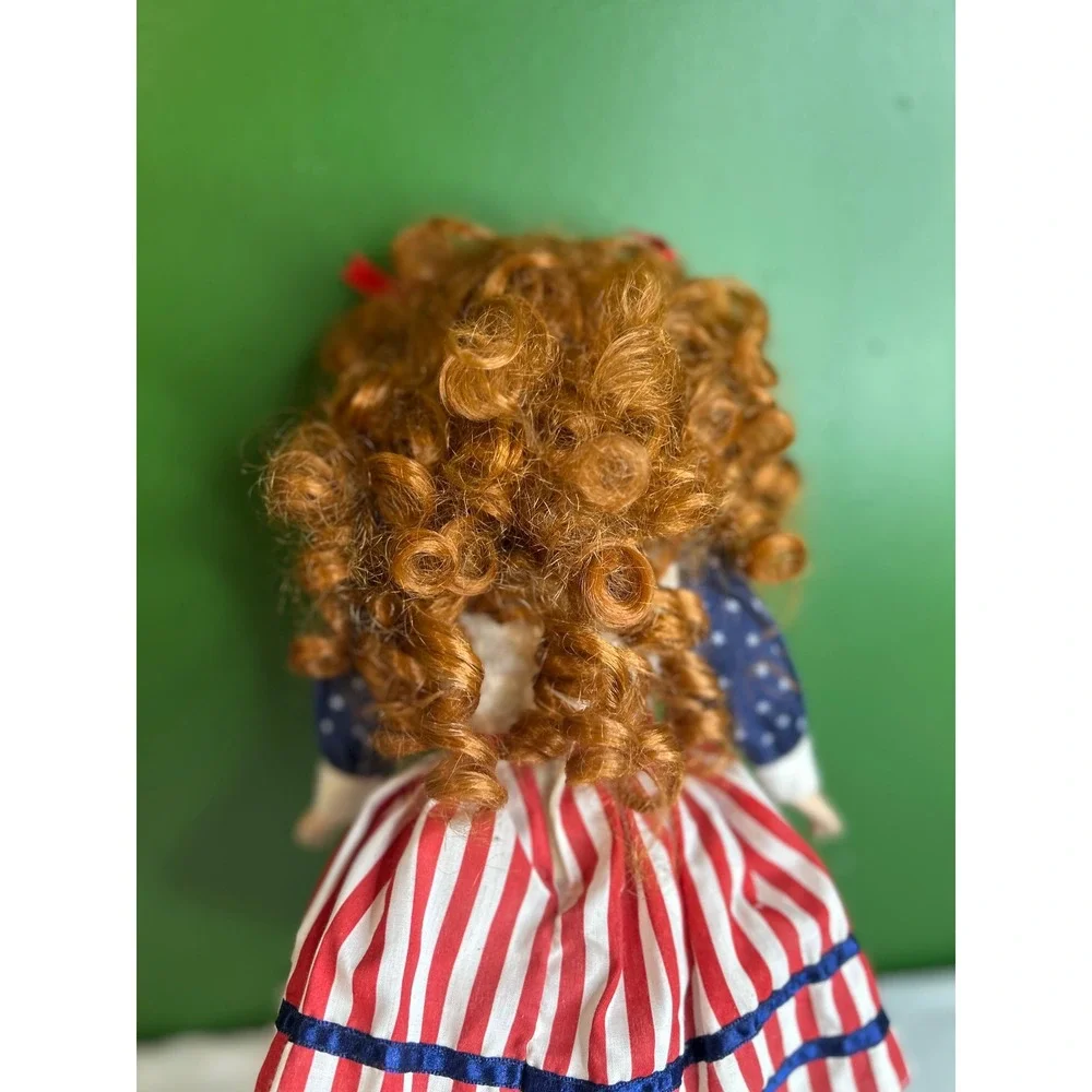 Vintage Porcelain Doll Patriotic USA Americana Red White Blue Auburn Hair 12in